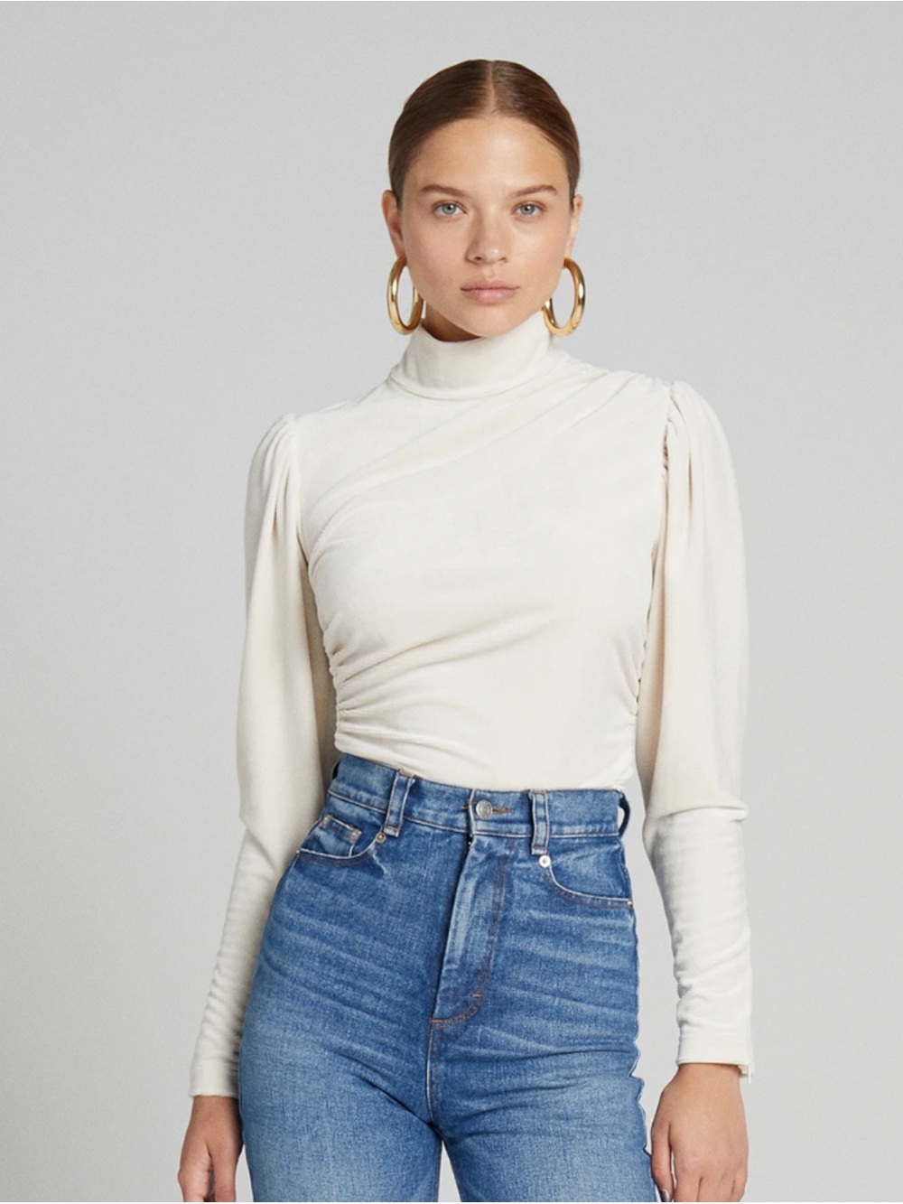 A.L.C. Joss Top in Rice Puff-Sleeve Mock Neck Waist Length Long-Sleeve Top